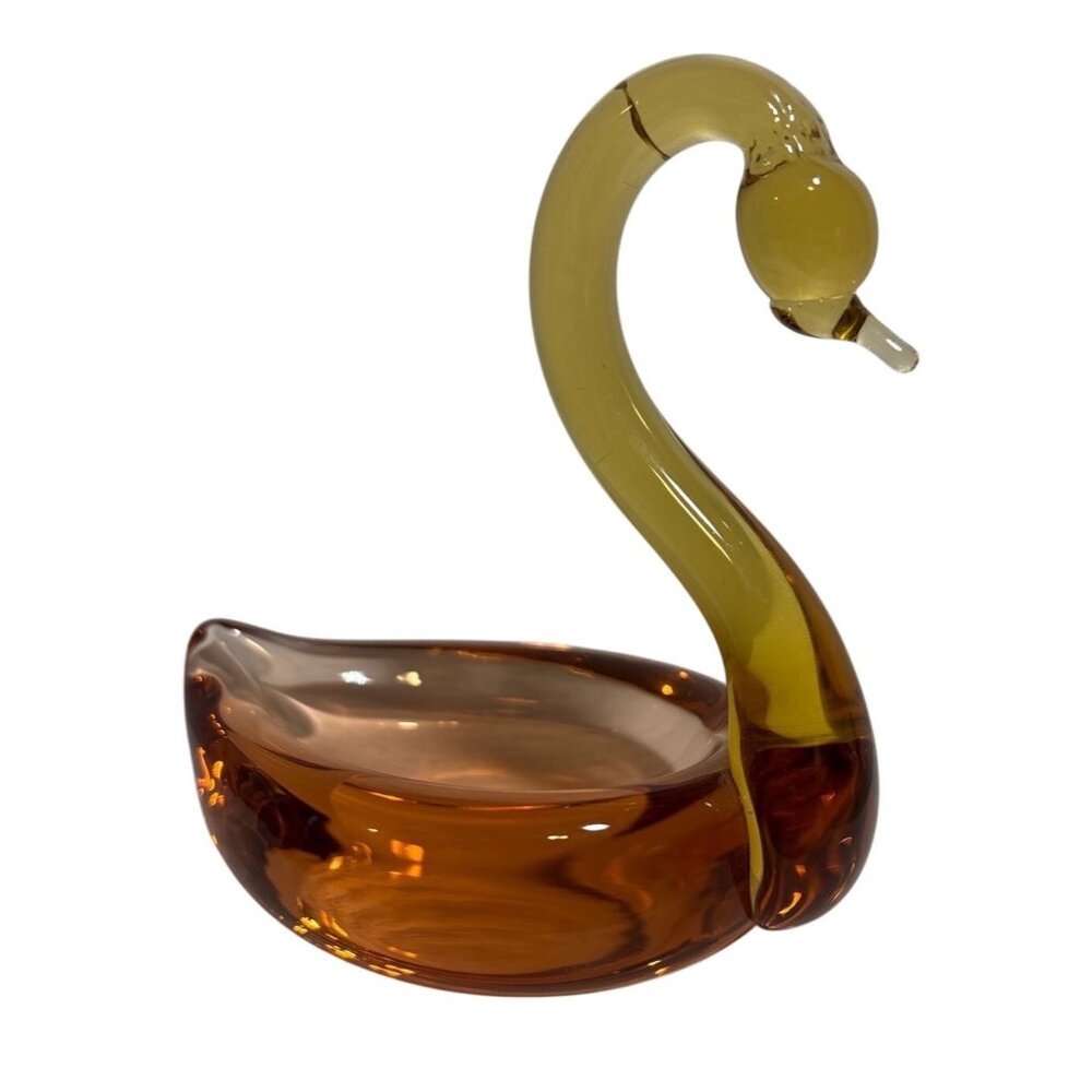 Vintage Art Glass Amber Yellow Bohemia Crystal Swan Trinket Dish 4.5” Tall